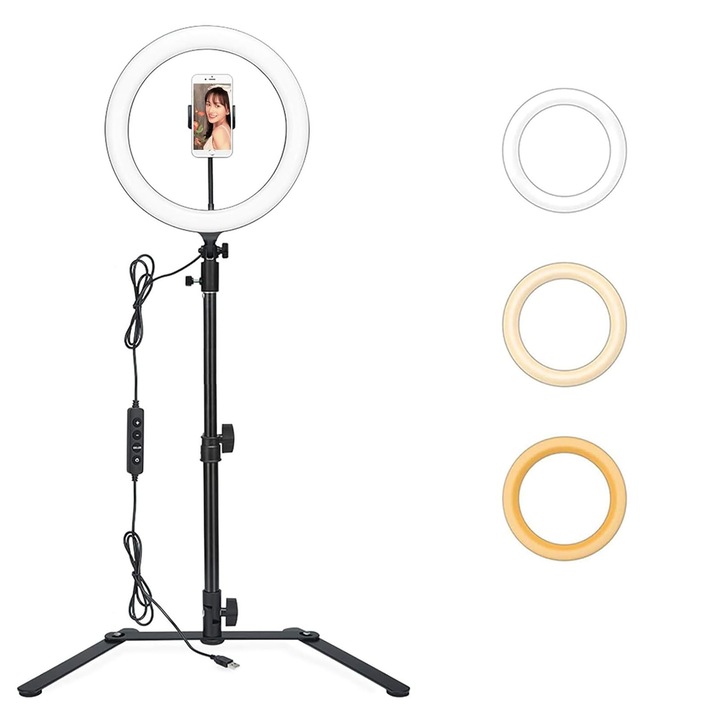 Kit lumina inelara, ZGGZERG, alimentat prin USB, rotatie la 360 de grade, cu suport pentru telefon mobil, inaltime reglabila, potrivit pentru transmisii live si inregistrari video. Negru