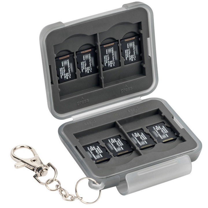 Carcasa de protectie pentru carduri SD, ZGGZERG, Cu 4 sloturi pentru SD si 8 Micro SD, Portabil, Greutate redusa si la indemana, Usor de utilizat, Rezistenta la cadere si rezistent la apa, PP, 6.39x5.58x1.99cm, Negru