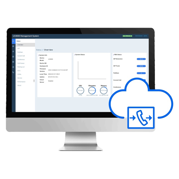 Centrala telefonica Dinstar UC8000 On-premise IP PBX, 100 utilizatori, 20 apeluri simultane
