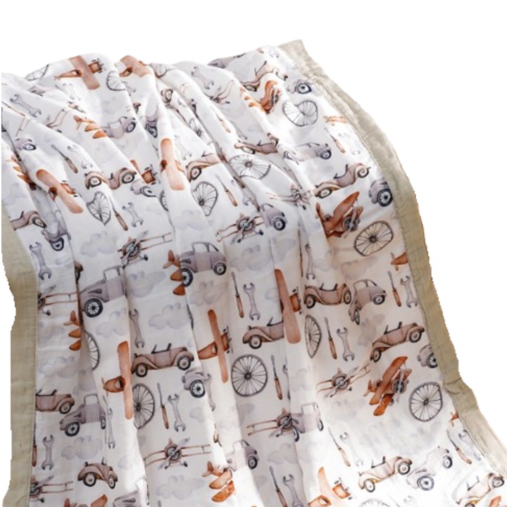 Paturica pentru Bebe, Muselina 4 Straturi, 120 x 110, multifunctionala, anti-acarieni, antistatica, ideala pentru infasat - baita - invelit, model vintage masinute, avioane si unelte