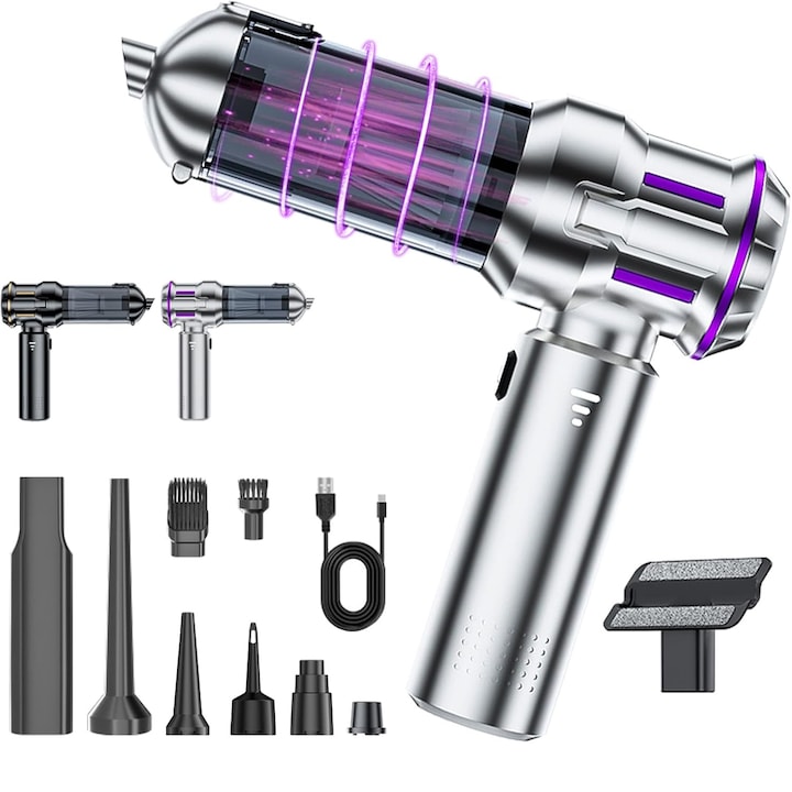 Hordozható akkus autós porszívó – Nagy szívóerő, 4 az 1-ben (szívás, fújás, felfújás, porszívózás), Szénkefe nélküli motor, Hosszú üzemidő, 3 teljesítményszint, Több tartozék, Kompakt, USB-C újratölthető