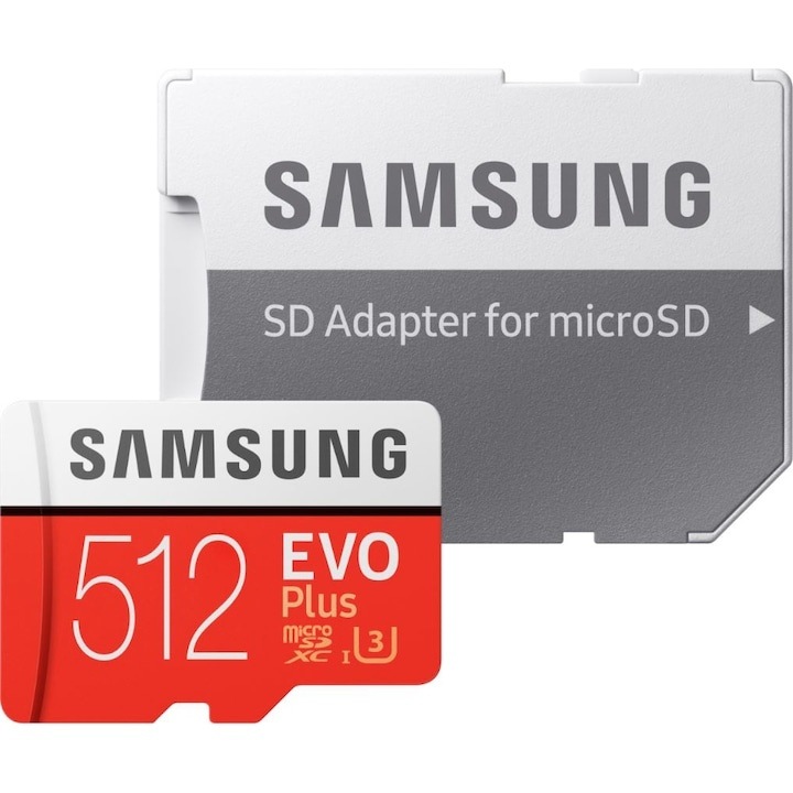 Card de memorie microSDXC, EVO Plus, Samsung，512GB (512 GB), UHS-I U3, Clasa 10 (C10), rezistent la apa, temperatura, gaming, filmare 4K UHD, drone, smartphone, action cam, + adaptor SD inclus