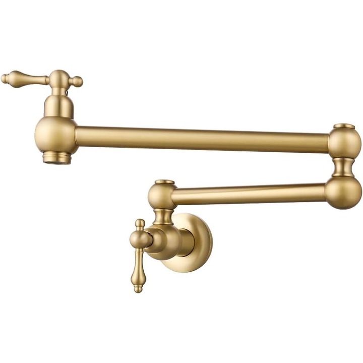 Baterie chiuveta bucatarie, Auriu periat, pliabil, Rotativ,57 cm, cu montare deasupra chiuvetei sau aragazului, Robinet de apa rece montat pe perete