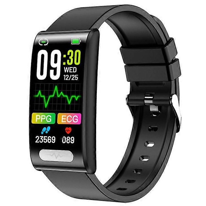 TK70 fitnesz karkötő, EKG és glükóz monitorozás, 1.47 hüvelykes érintőképernyő, fekete, méretek 26x2.5x1.16cm