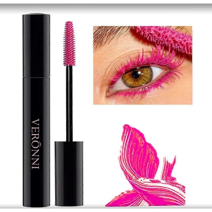 Mascara waterproof 4D colorat, volumizant si lungitor, roz, 10g