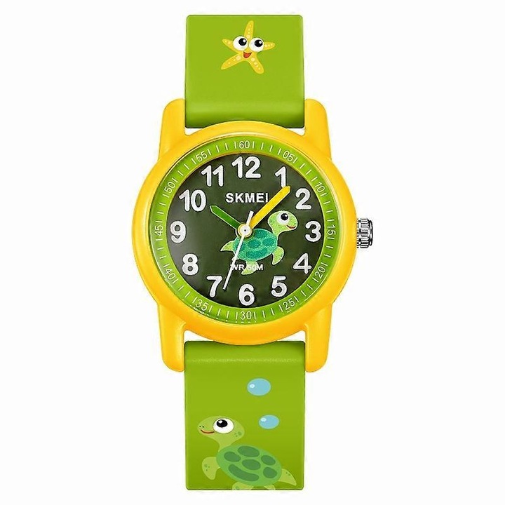Ceas sport pentru copii Skmei 2157, design cu desen animat, curea TPU, rezistent la apa, 29.8x9.9mm, verde