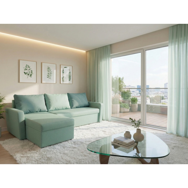 Coltar extensibil Tokyo, reversibil, 2 lazi de depozitare, sezut cu arcuri, stofa anti-pete, 241x160x95 cm, Verde Menta