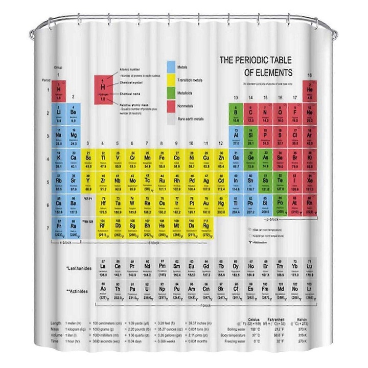 Cortina de dus impermeabila, 180x180cm, alb-galben, cu 12 carlige, design tabel periodic