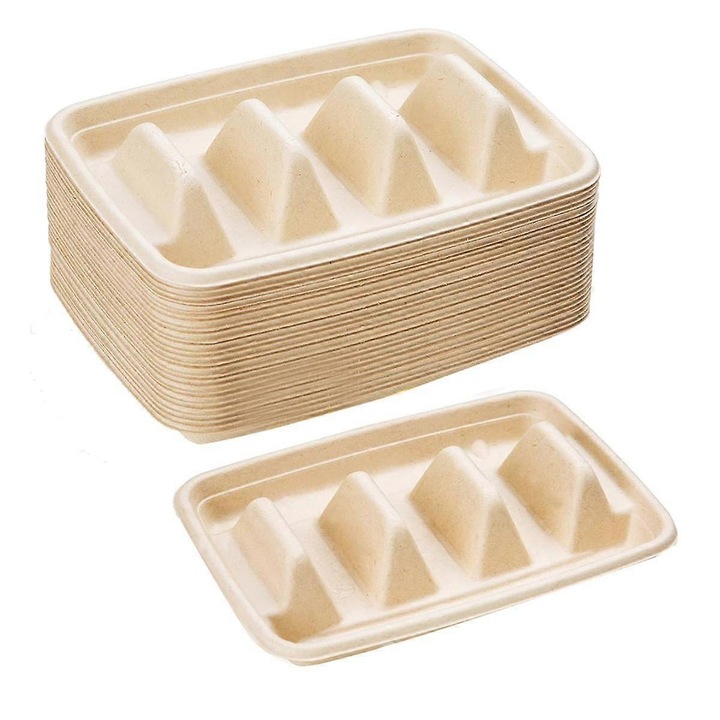 Set 25 suporturi pentru taco, 3 compartimente, din fibra de pulpa de hartie, biodegradabile
