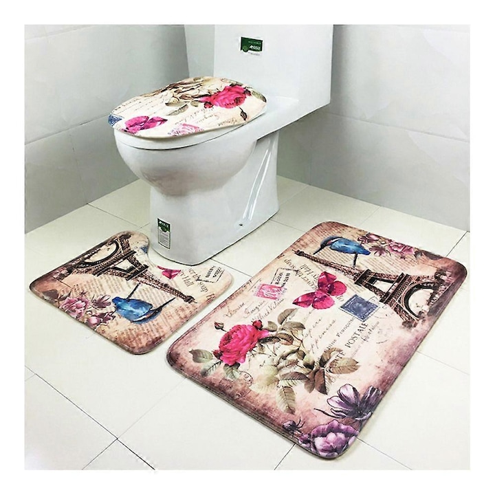 3 darabos WC-szőnyeg készlet, polár anyagból, modern dizájn, csúszásmentes, többszínű