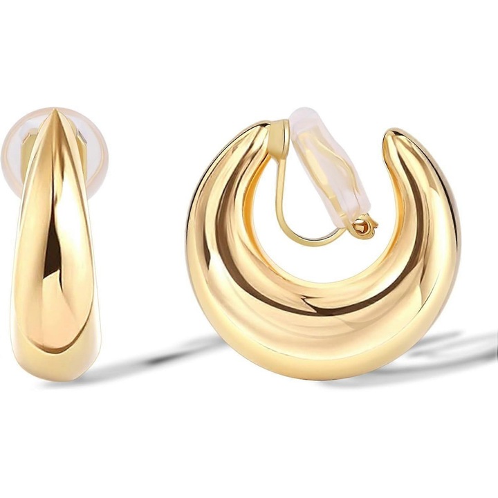Cercei clip-on dama, design hoop, 14K aur, hipoalergenic, 25mm, set