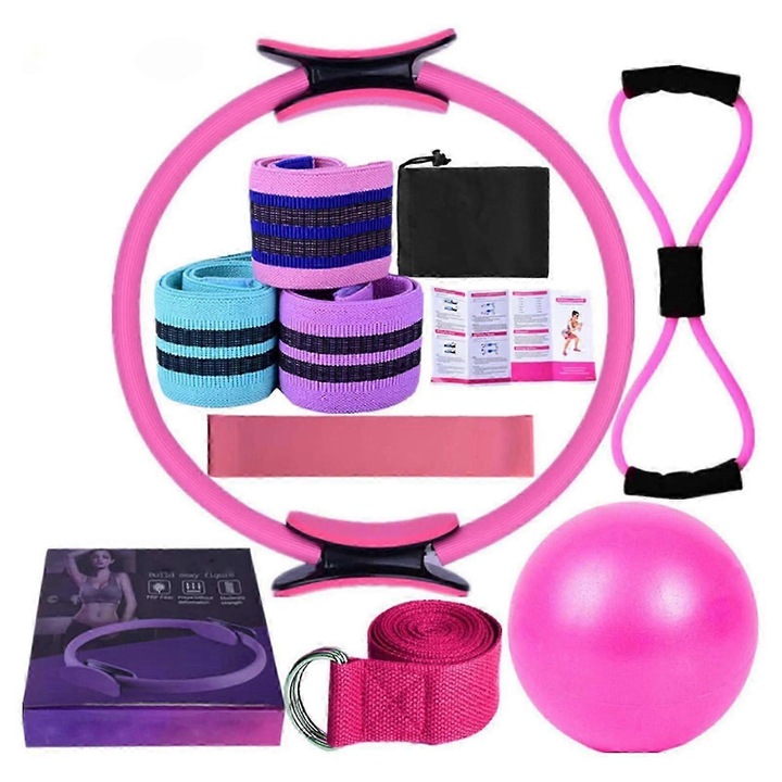 Set 11 piese echipamente Pilates, benzi elastice, mingea, roz