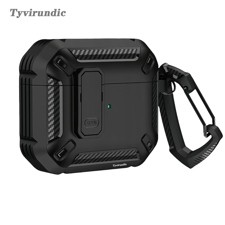 Bluetooth fülhallgató tok kapcsolóval, kampóval, esőálló, Airpods Pro 2-höz alkalmas, TPU+PC, fekete