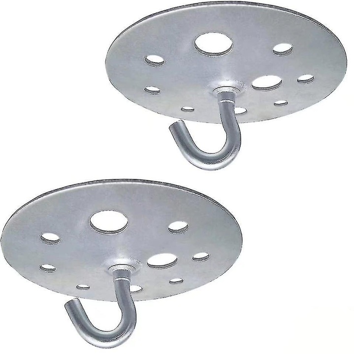 Set de 2 carlige metalice cu baza rotunda, 90mm, capacitate 100kg, pentru suspendare lampadare, ventilatoare, plante