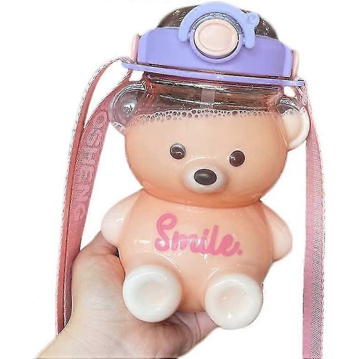 Сламена бутилка, дизайн на плюшено мече каваи, голям капацитет, прозрачен цвят, регулируем комплект презрамки