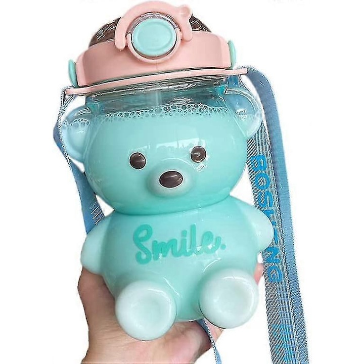 Сламена бутилка, дизайн на плюшено мече каваи, голям капацитет, прозрачен цвят, регулируем комплект презрамки