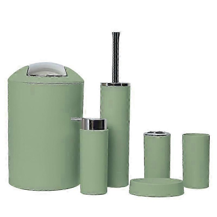 Set 6 accesorii baie, suport periute dintilor, dozator, perie toaleta, cos de gunoi, design modern, multicolor
