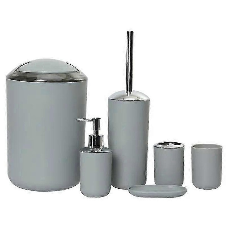 Set 6 accesorii baie, suport periute dintilor, dozator, farfurie, perie toaleta, cos de gunoi, multicolor