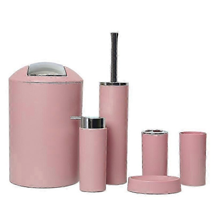 Set 6 piese accesorii baie, suport periute dintilor, dozator, farfurie, perie toaleta, cos de gunoi, multicolor