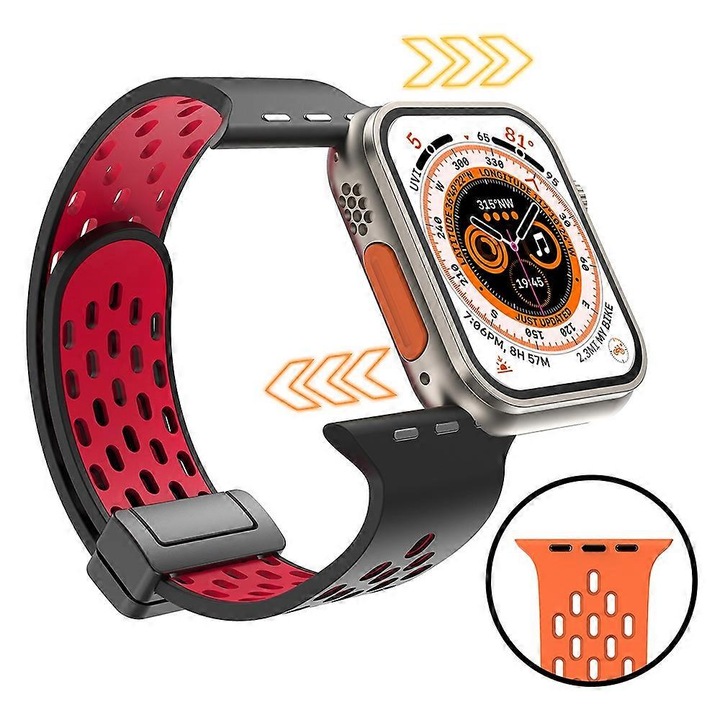 Bratara pentru ceas Apple Watch, silicon, dublu colorat, negru carbon+negru, 90mm+120mm, set