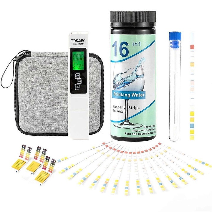 Kit de testare a calitatii ape, 800 benzi de testare pH, 50 teste 16-in-1, tester TDS, geanta de transport