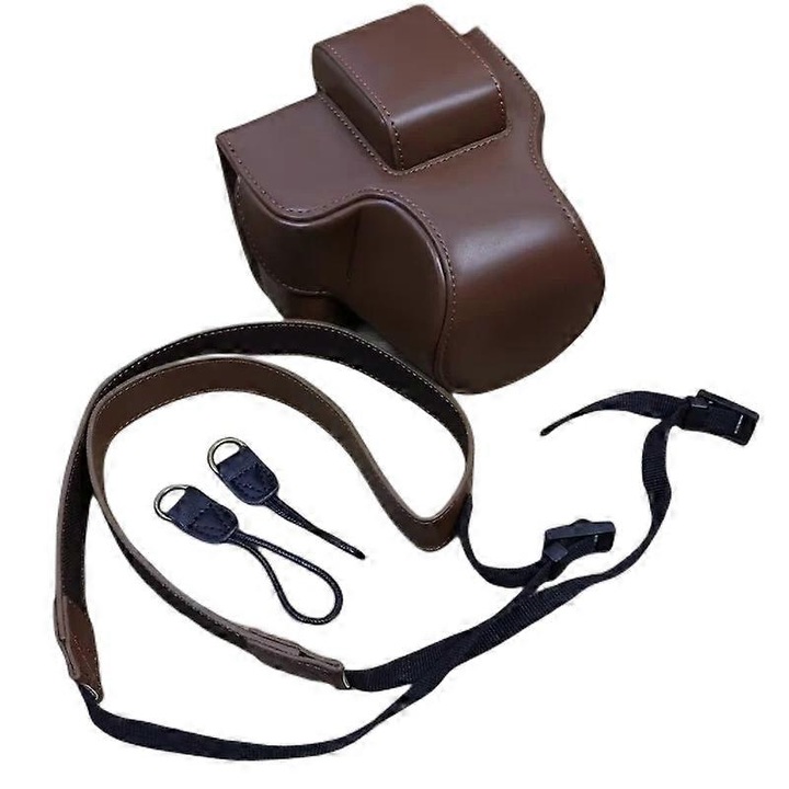 Geantă foto detasabilă din piele PU, culoare cafea, cu curea de umăr, 18x45mm