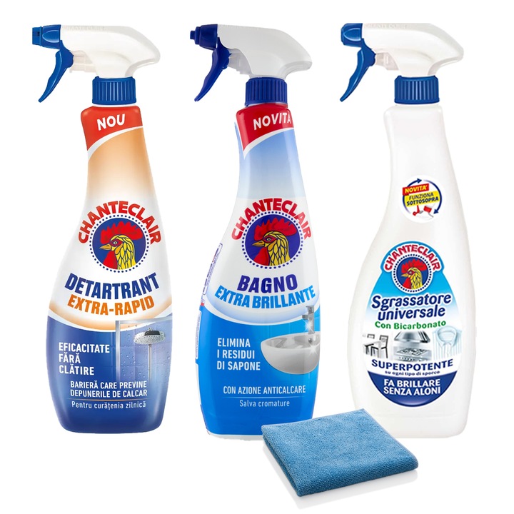 Kit Degresare Chante Clair Bicarbonat, Detartrant Extra-Rapid, Anticalcar si Laveta Microfibra