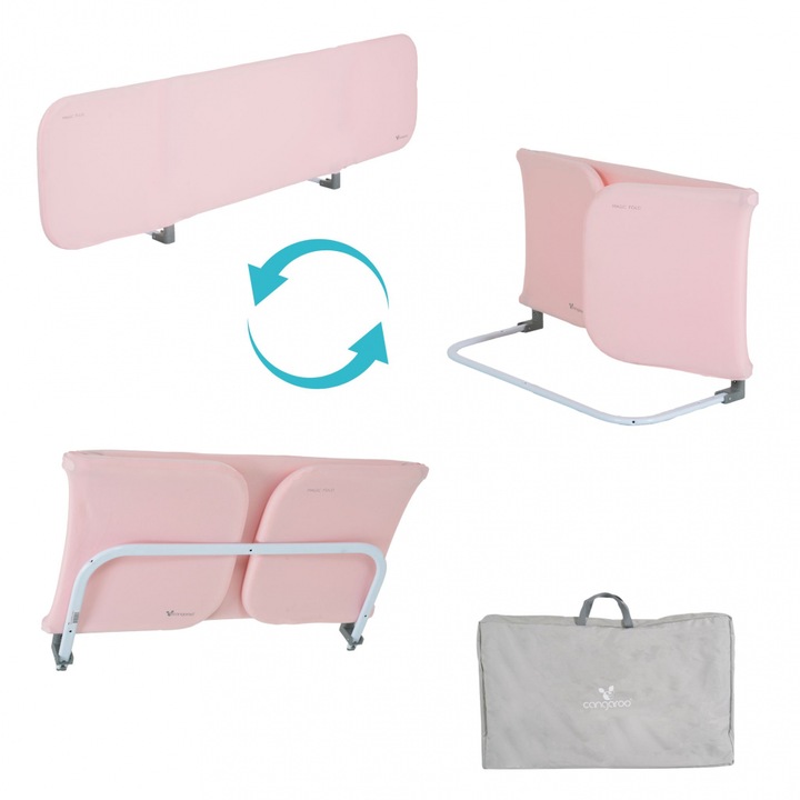 Bariera de protectie pentru copii Cangaroo Magic Pink 150 cm pliabila, mecanism practic de pliere fara demontare, cadru metalic rezistent, husa textila, geanta transport inclusa