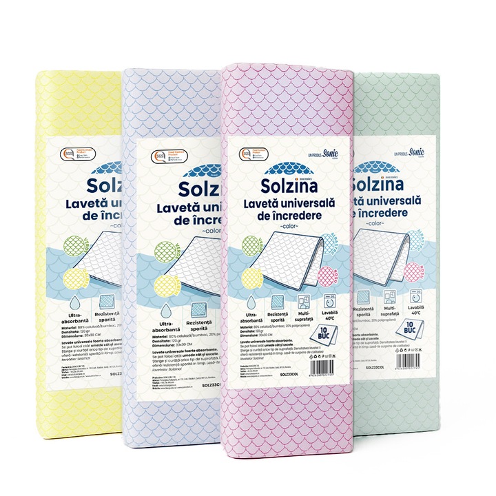 Lavete Universale Solzina – Pachet 4×10 Buc., 30×30 cm, 4 Culori, Ultra Absorbante, Rezistente, Reutilizabile, Fara Scame