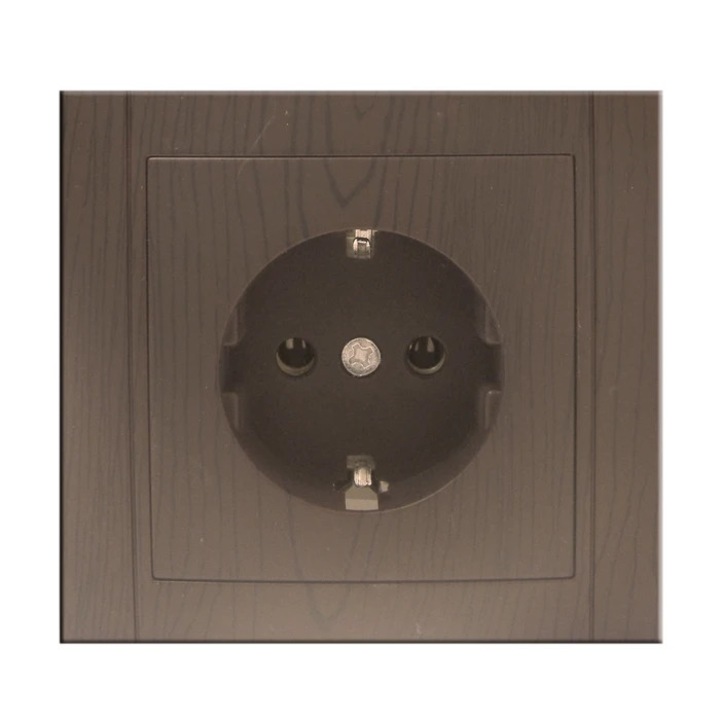 Priza schuko simpla Comtec Anemon, incastrata, rama inclusa, contact de protectie, stejar