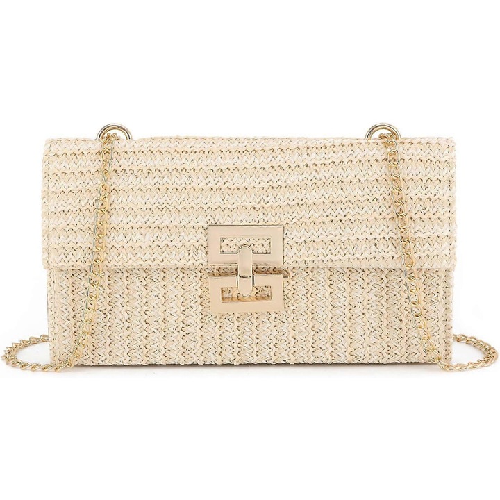 Szalma válltáska, láncos modell, mérete 26.5x15x3cm, fehér színű, 2 lánccal.