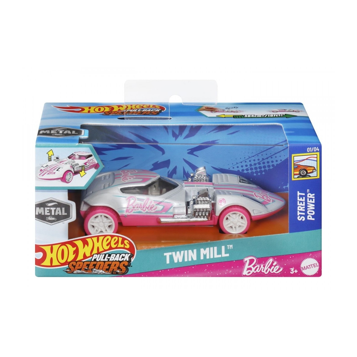 Masinuta Hot Wheels Pull Back - Barbie Twin Mill, 1:43