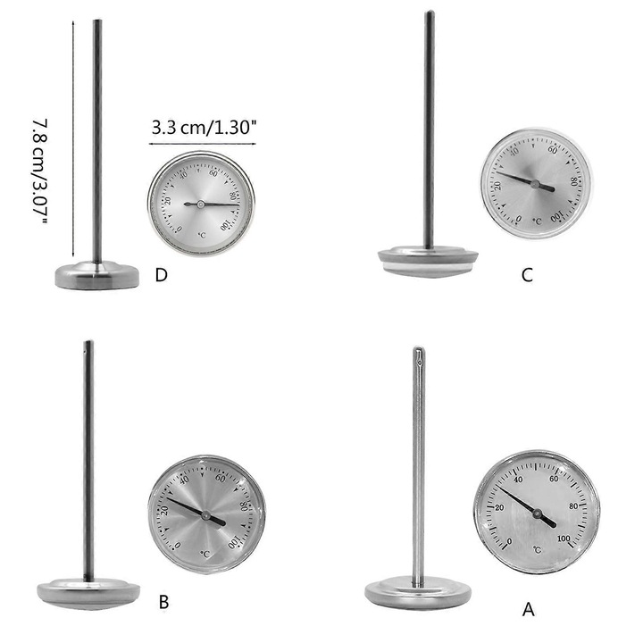 Termometru de lapte din otel inoxidabil cu clip, 33mm, 0-100°C, pentru spumare lapte