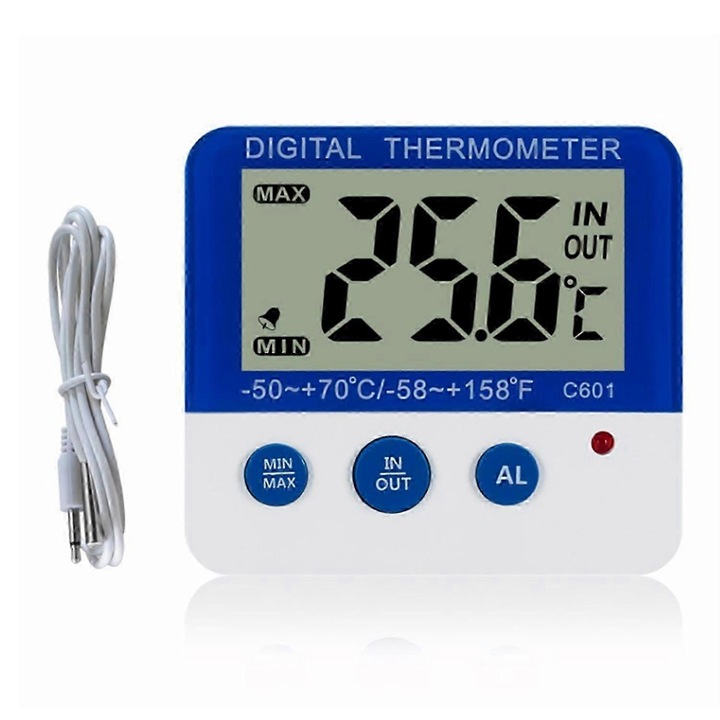 Termometru digital pentru frigider, alarma temperatura, display LCD usor de citit, albastru si alb, 10x12x2cm, set 1 termometru si cablu de incarcare