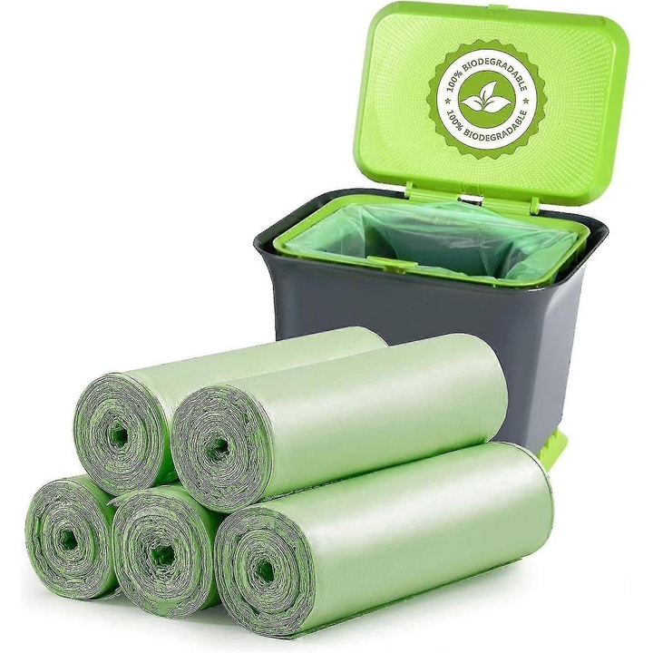 Set de 100 saci menajeri biodegradabili, 15 litri, rezistenti la perforare si scurgeri, pentru deseuri alimentare si menajere