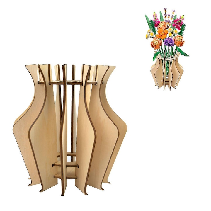 Vaza din lemn pentru flori Lego, design unic, asamblare usoara, capacitate 33 flori, decorativa, multicolor