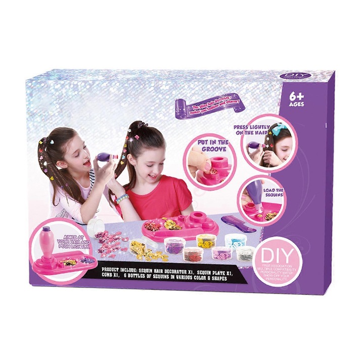 Set unelte de coafare automata pentru fetite, multicolor, dimensiuni 31x22x6cm, 30x23x8cm, 38x33x9cm, 40x31x8cm