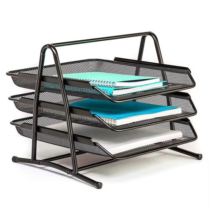 Organizator documente birou, 3 nivele, din metal, cu sertare glisante si maner, 39x29x27.5 cm, Negru
