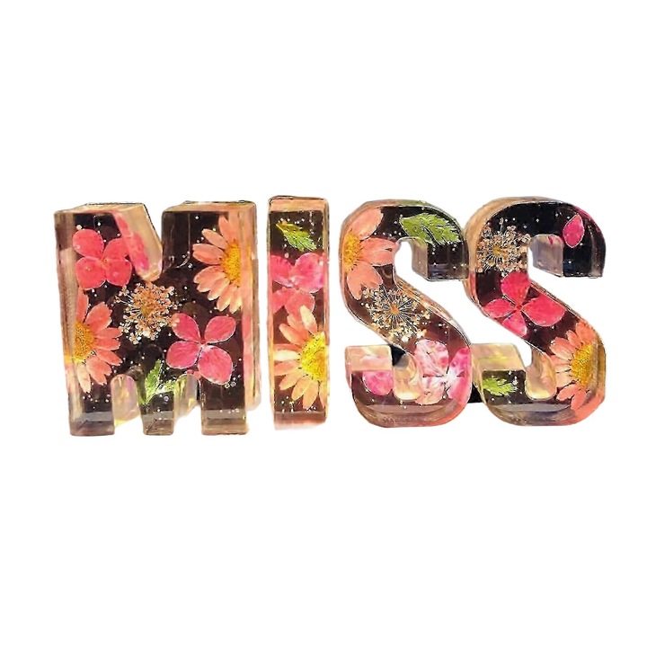 Lumina de noapte din rasina florala personalizata, 20x20x4cm, transparenta, cu LED, set cu litere