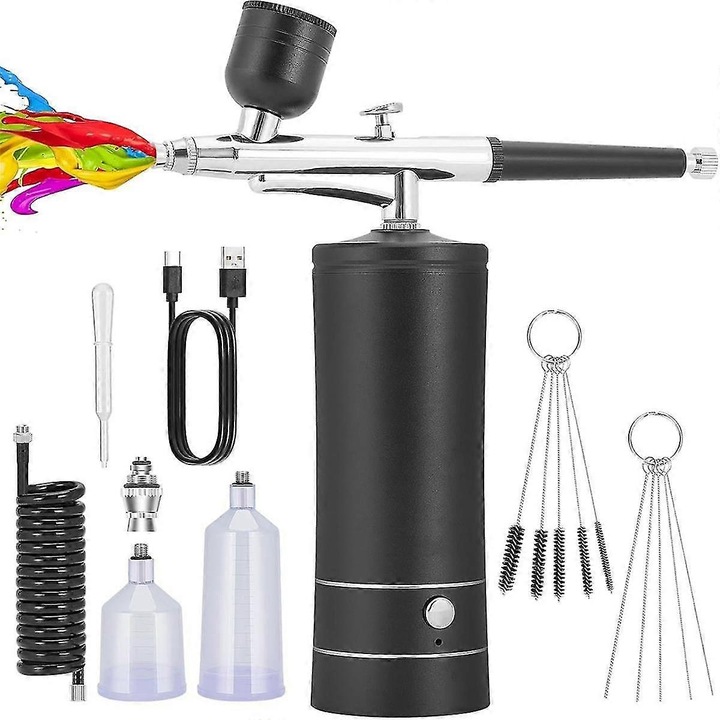 Set pistoale de vopsit, compresor fara fir, presiune ajustabila, alb, 1x extractor lichid, 5x curatatori spray, 5x ace de curatare, 2x cupe de capacitate, 1x cablu USB