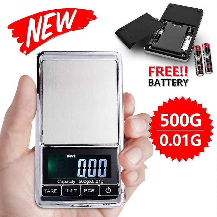 Cantar electronic de buzunar 500g, 0.01g, dimensiuni 110x60x14mm, cu ecran LCD, set complet