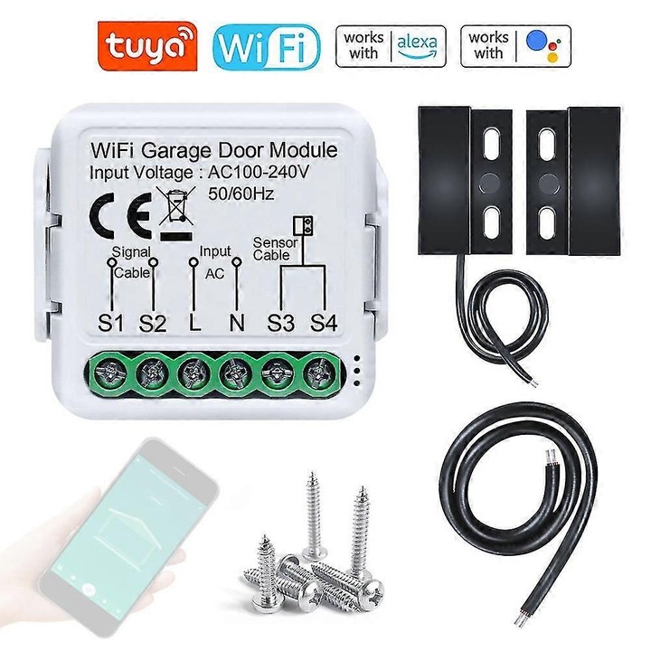 Controler pentru deschiderea usii de garaj WiFi, compatibil cu aplicatia Tuya, functie de temporizare, partajare dispozitiv, set.