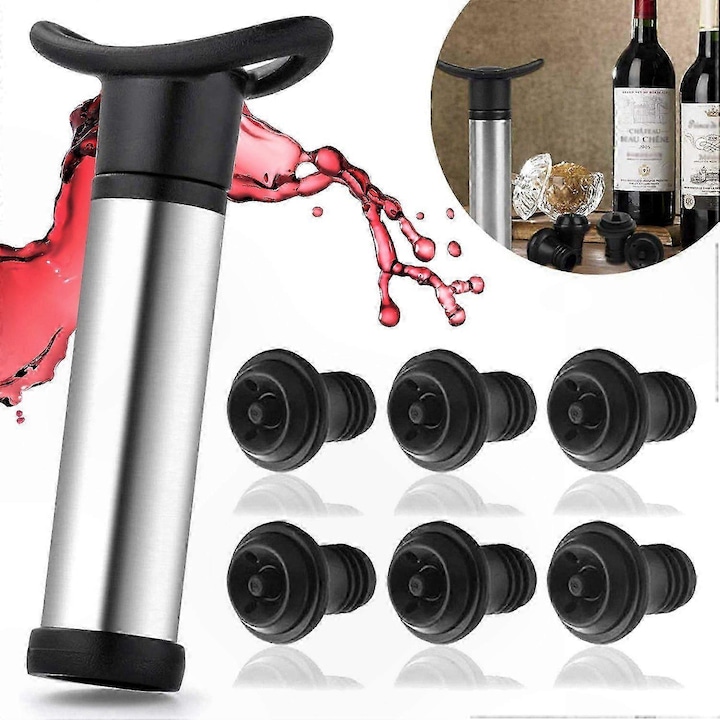 Set de pastrare a vinului cu pompa din inox si 6 dopuri reutilizabile, pentru prospetime si aroma