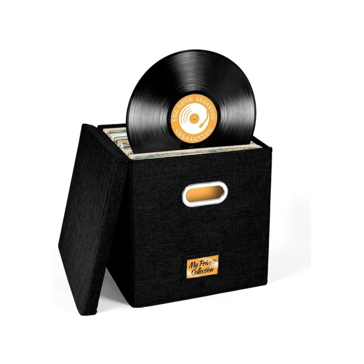 Кутия за съхранение на винилови плочи, AjieQaQ, голям капацитет, 50+ албума, черна, 33x33x33 см