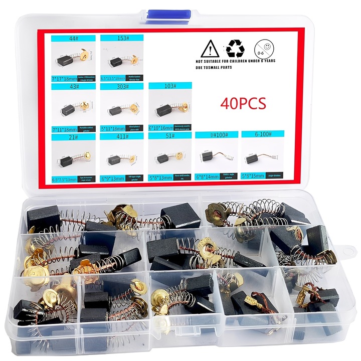 Set de 40 de perii pentru motor, TREXORA, include cutie de depozitare, grafit si cupru, rezistente la uzura, 10 dimensiuni