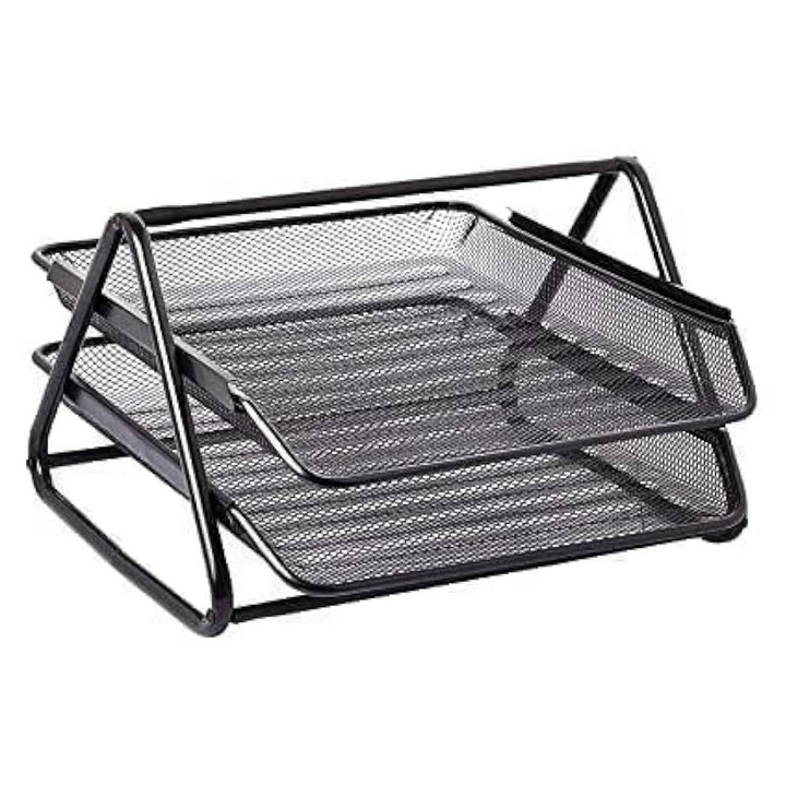 Organizator documente birou, 2 nivele, din metal, cu sertare glisante si maner, 35x27x18.5 cm, Negru