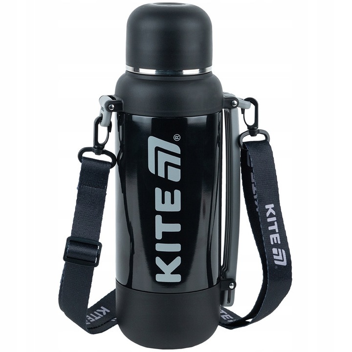Termos otel inoxidabil Kite, termos cafea ceai cupa, gura dubla, vid izolat, rezistenta la scurgere, pastrati cald si rece 24 ore, 1200 ml, negru