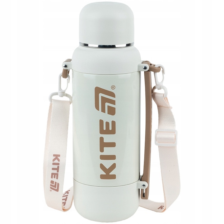 Термо бутилка от неръждаема стомана с вакуумна изолация, цедка и капак чаша, двойна уста, с дръжка и ремък за през рамо бяла Kite 1200 мл