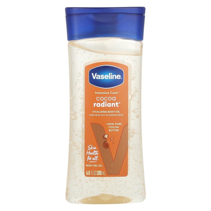 Ulei de corp revitalizant Vaseline Cocoa Radiant, 200 ml, cu unt de cacao pur, pentru piele sanatoasa si stralucitoare