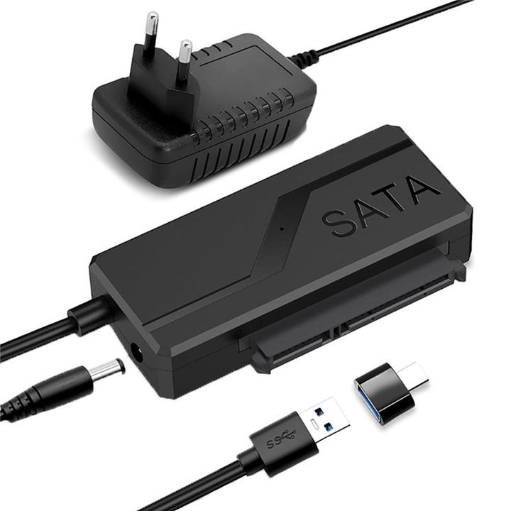 Адаптер USB 3.0 към SATA, Rqiurpn, за HDD/SSD 2.5/3.5 инча, Plug and play, със захранване 12V/2A, 50см, черен